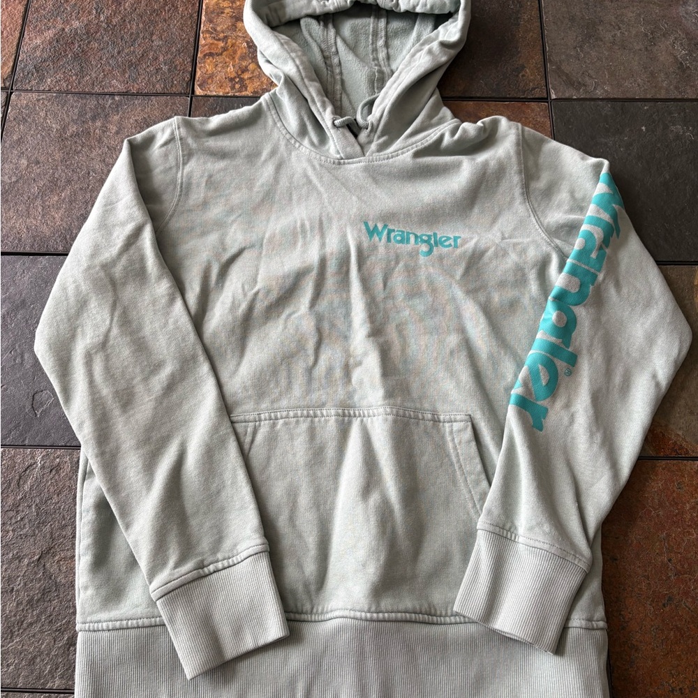 Wrangler Light Gray Crewneck Hoodie with Teal Logo